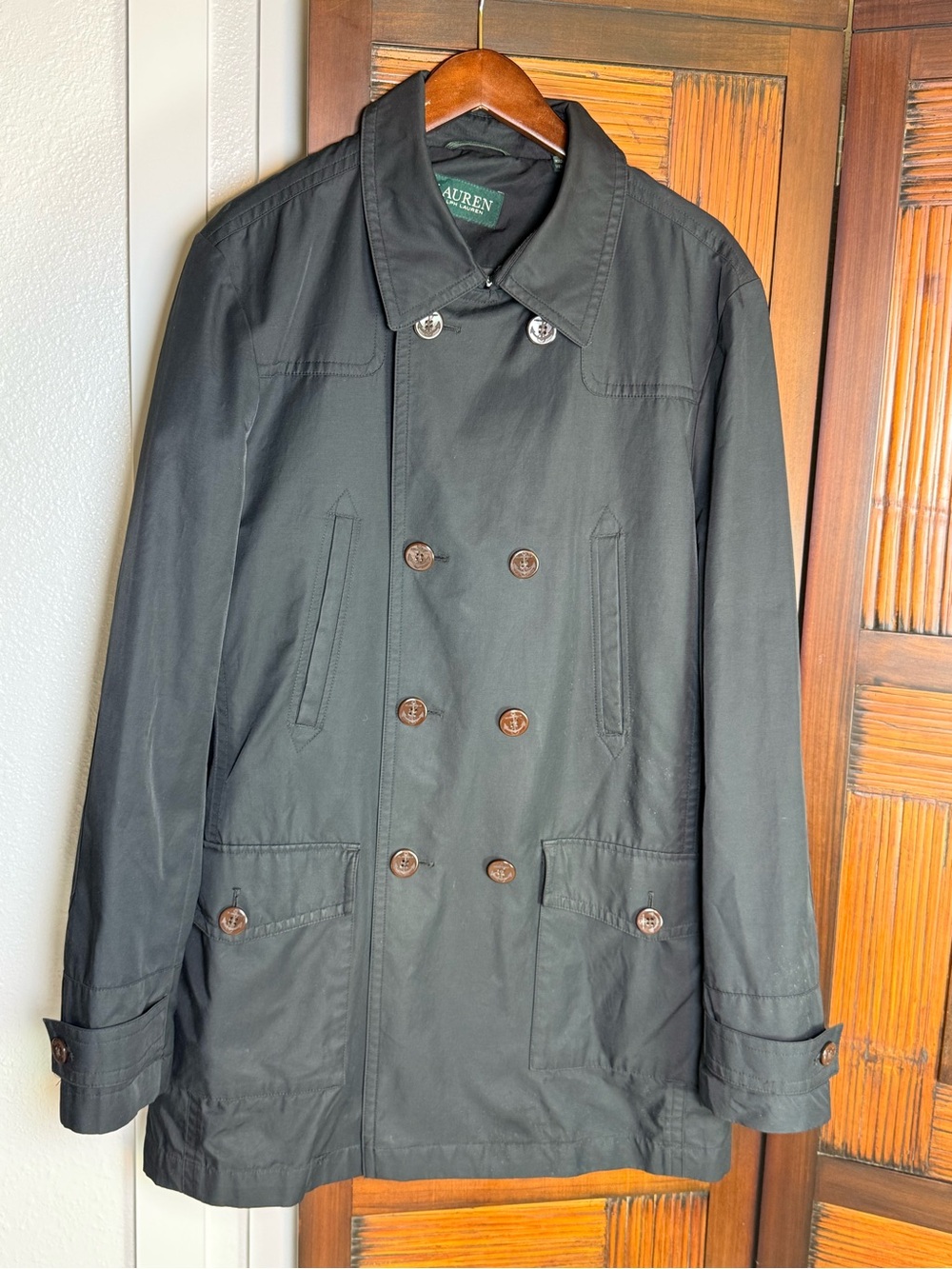 Lauren Ralph Lauren Men’s Black Double Breasted Raincoat Trench Coat 42L Preppy - Picture 2 of 15